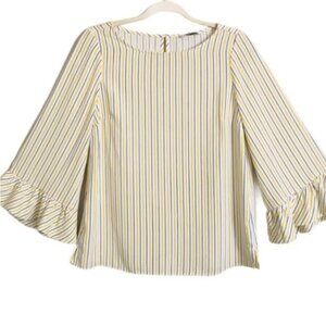 Carolina Belle Striped Bell Sleeve Keyhole Yellow White Navy Blouse Size Large